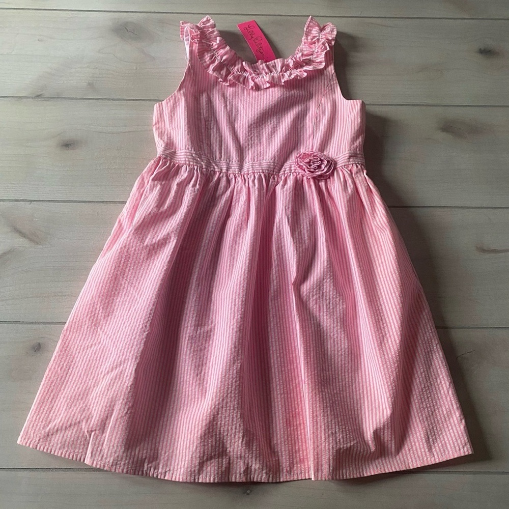 NWT Lilly Pulitzer Pink Striped Seersucker Kids Dress with Floral Detail